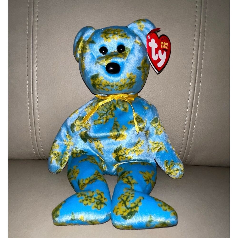 Ty Beanie Baby - Ocker (2004) - Asia Pacific Exclusive Blue Floral Bear Plush